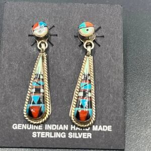 Vintage Zuni Sterling  Multi-Stone Inlay Dangle Earrings‎ Turquoise Coral New